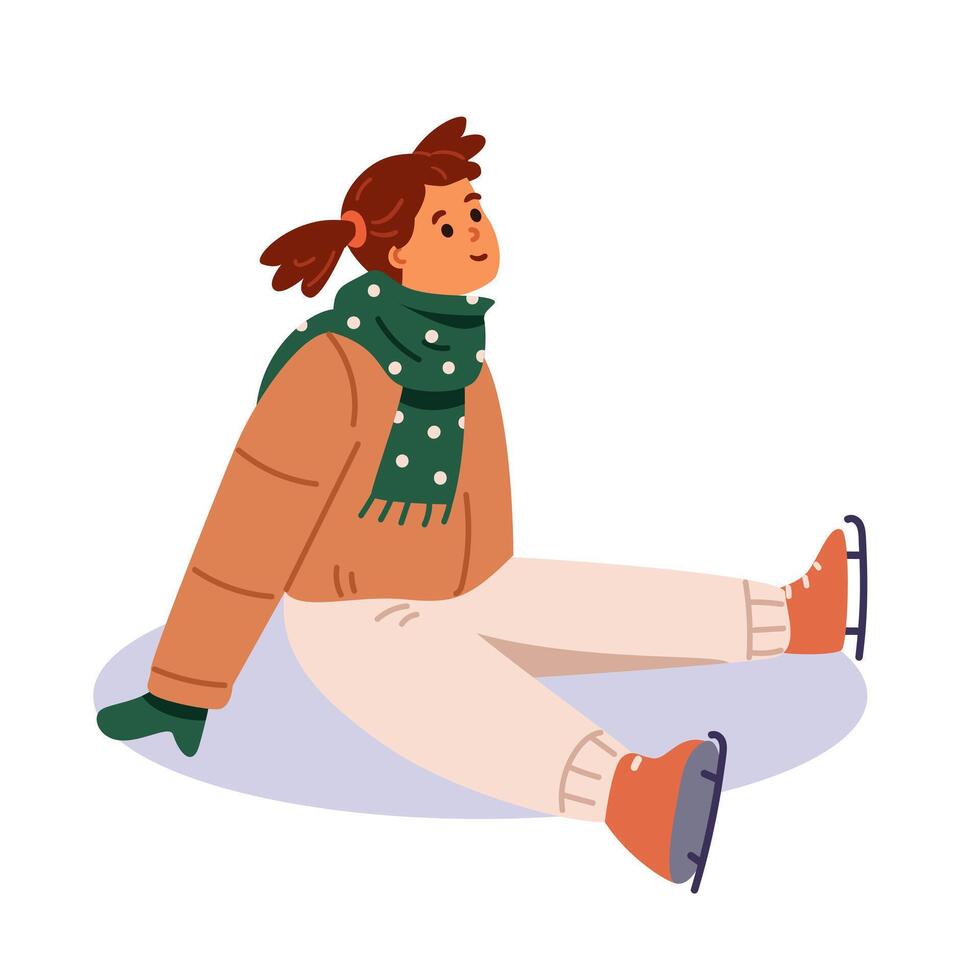 Cute girl in skates and outwear sitting on ice flat illustration isolated on white. vector