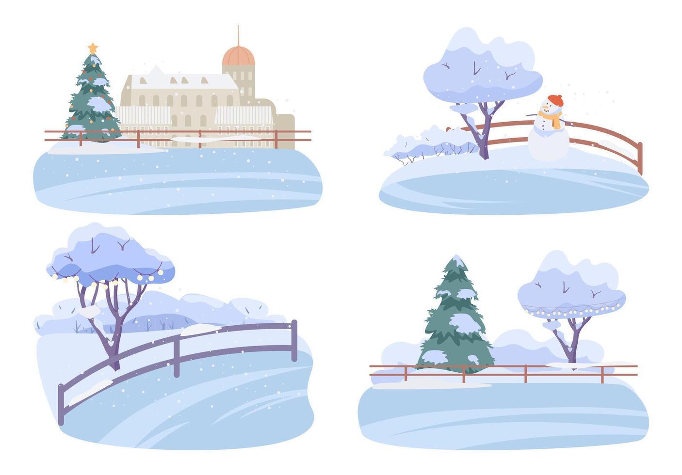 Ice rinks in the city and in the countryside with no people scenes flat illustrations set. vector