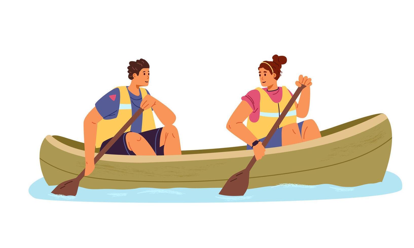 Couple wearing lifejackets canoeing flat illustration isolated on white. vector