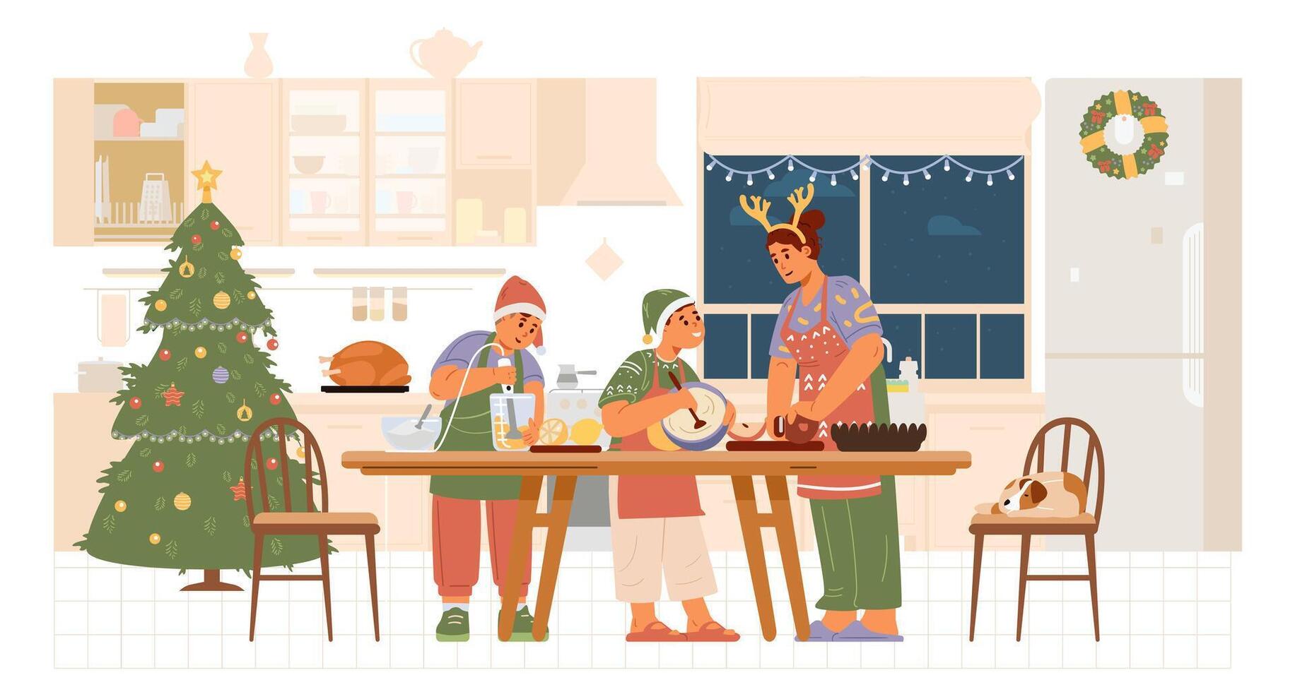 Mother with two sons in Santa hats and aprons cooking in the kitchen flat illustration. Family preparing for Christmas dinner together. vector