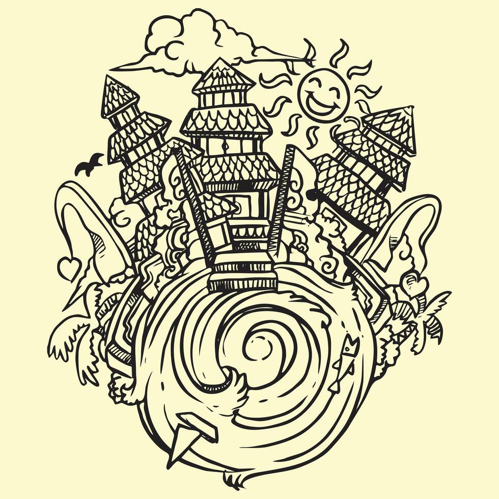 a drawing of a building temple on a beach with a sun and clouds vector