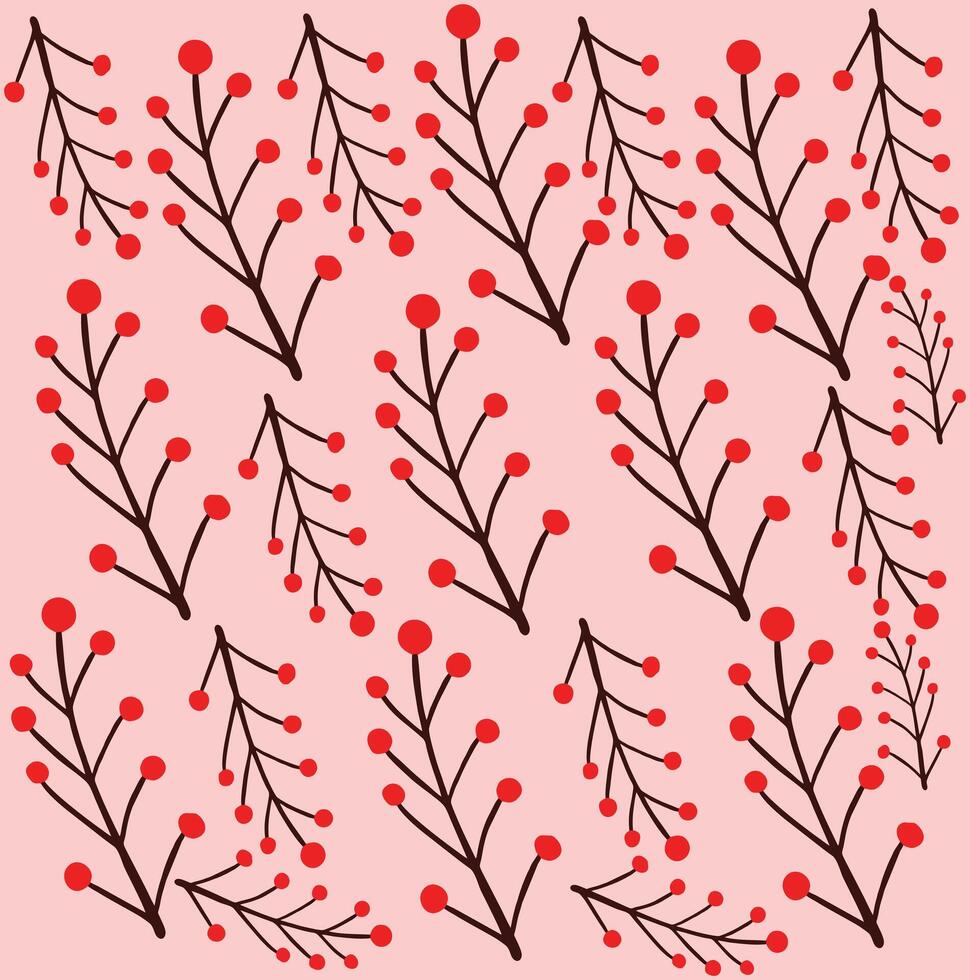 a pattern with red berries and branches on a pink background vector