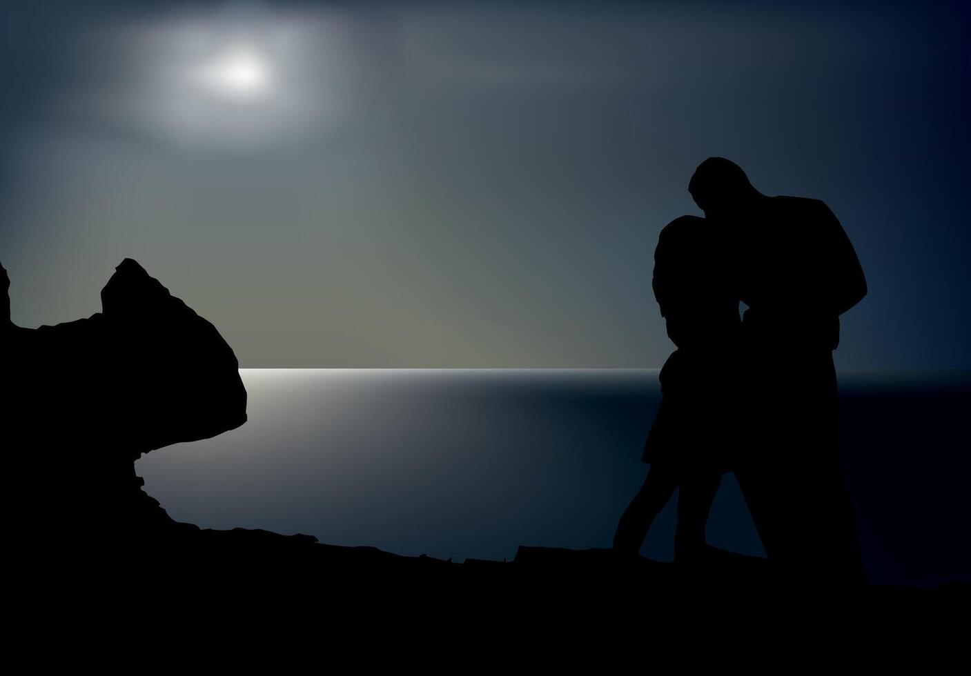 Romantic couple embracing on cliff at night with moon reflection vector