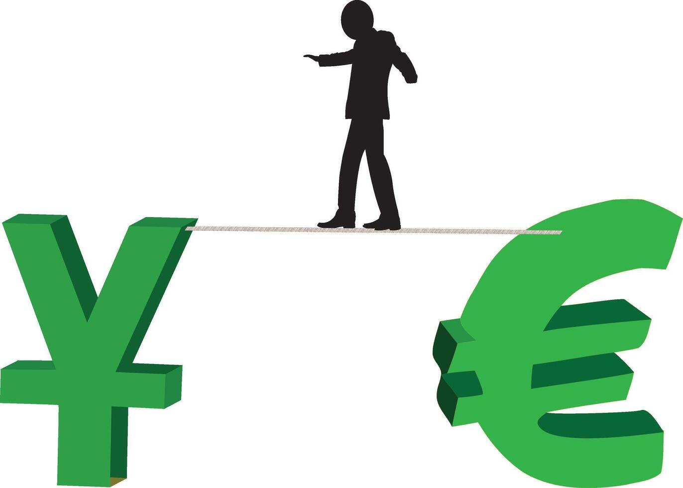 Businessman walking on tightrope between yen and euro symbols vector