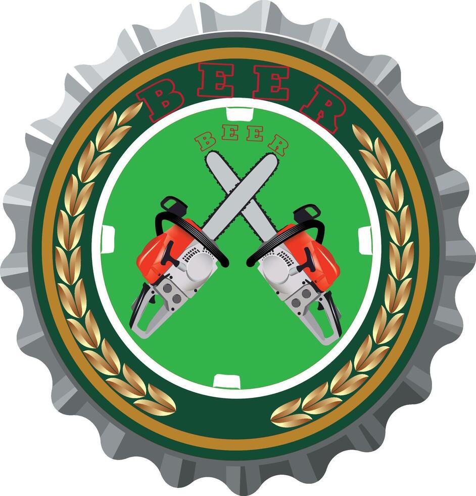 Crossed chainsaws forming an x shape over green background on bottle cap vector