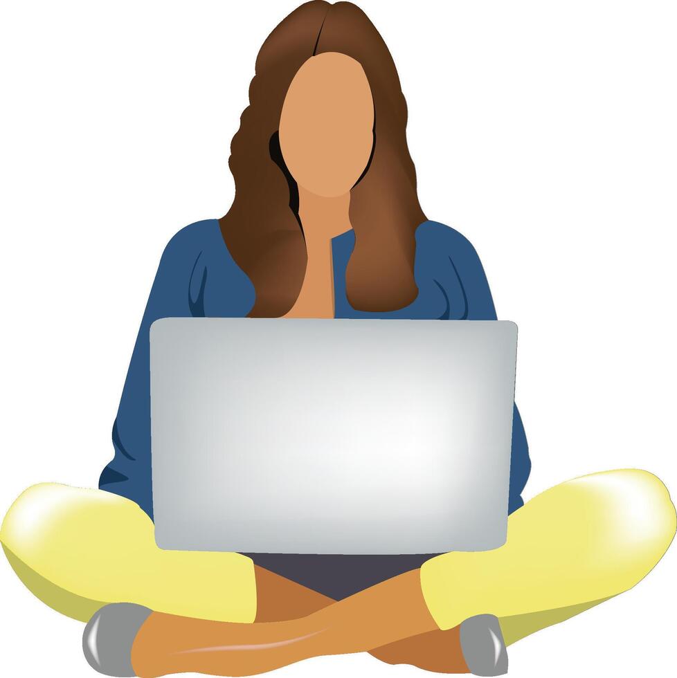 Young woman working from home using laptop computer sitting cross legged on floor vector