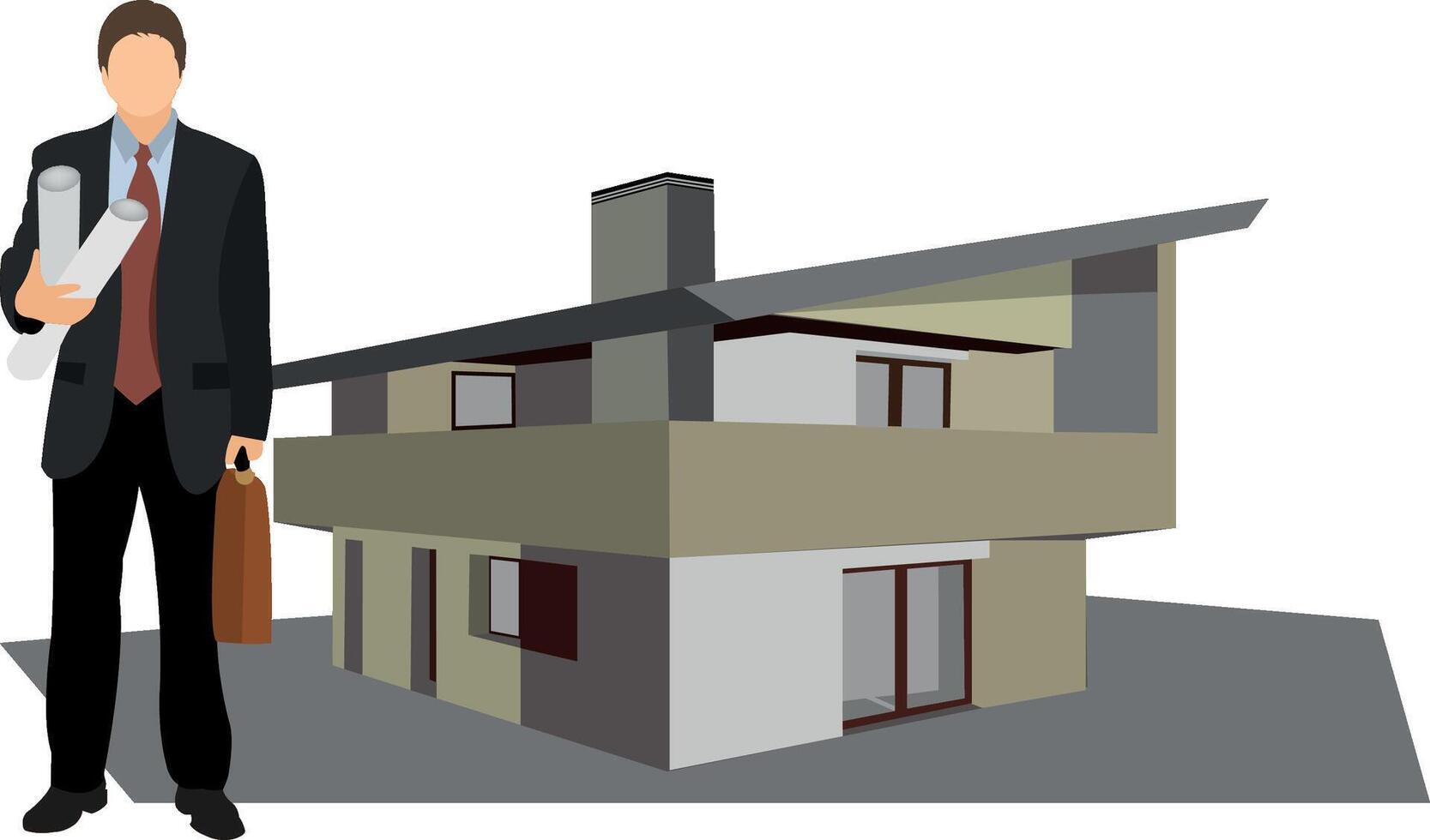 Architect holding blueprints presenting modern house project vector