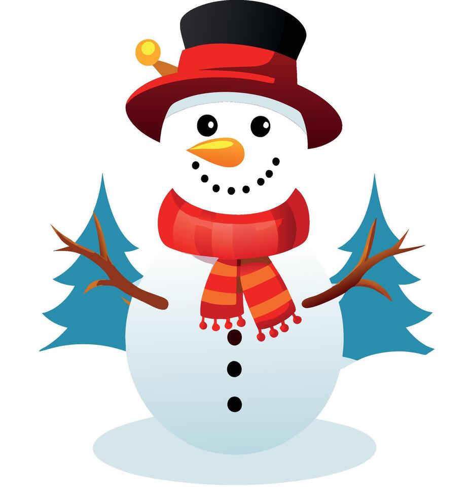 Cute snowman wearing a hat and scarf with fir trees vector