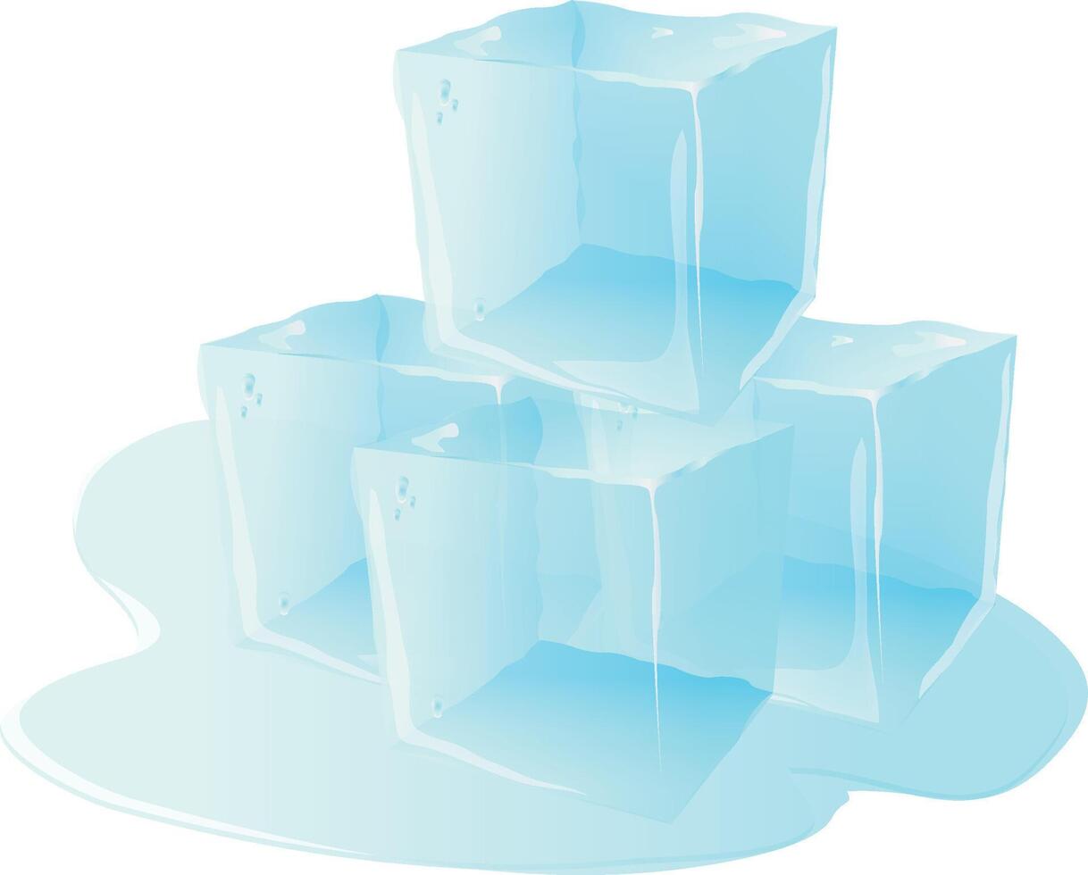 Three ice cubes melting on white background vector