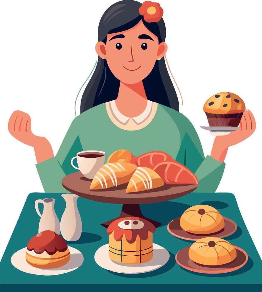 Young woman presenting a table full of traditional sweet bread and pastries vector
