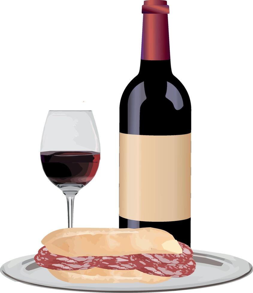 Glass and bottle of red wine with salami sandwich on a tray vector
