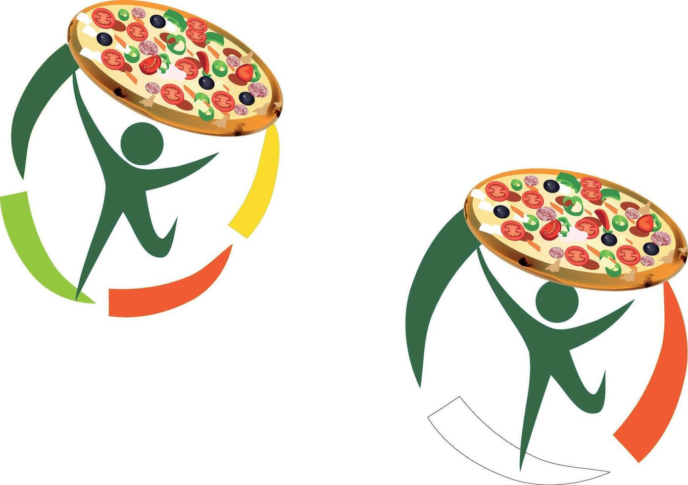 Stylized man holding a pizza with vegetables and pepperoni over his head vector
