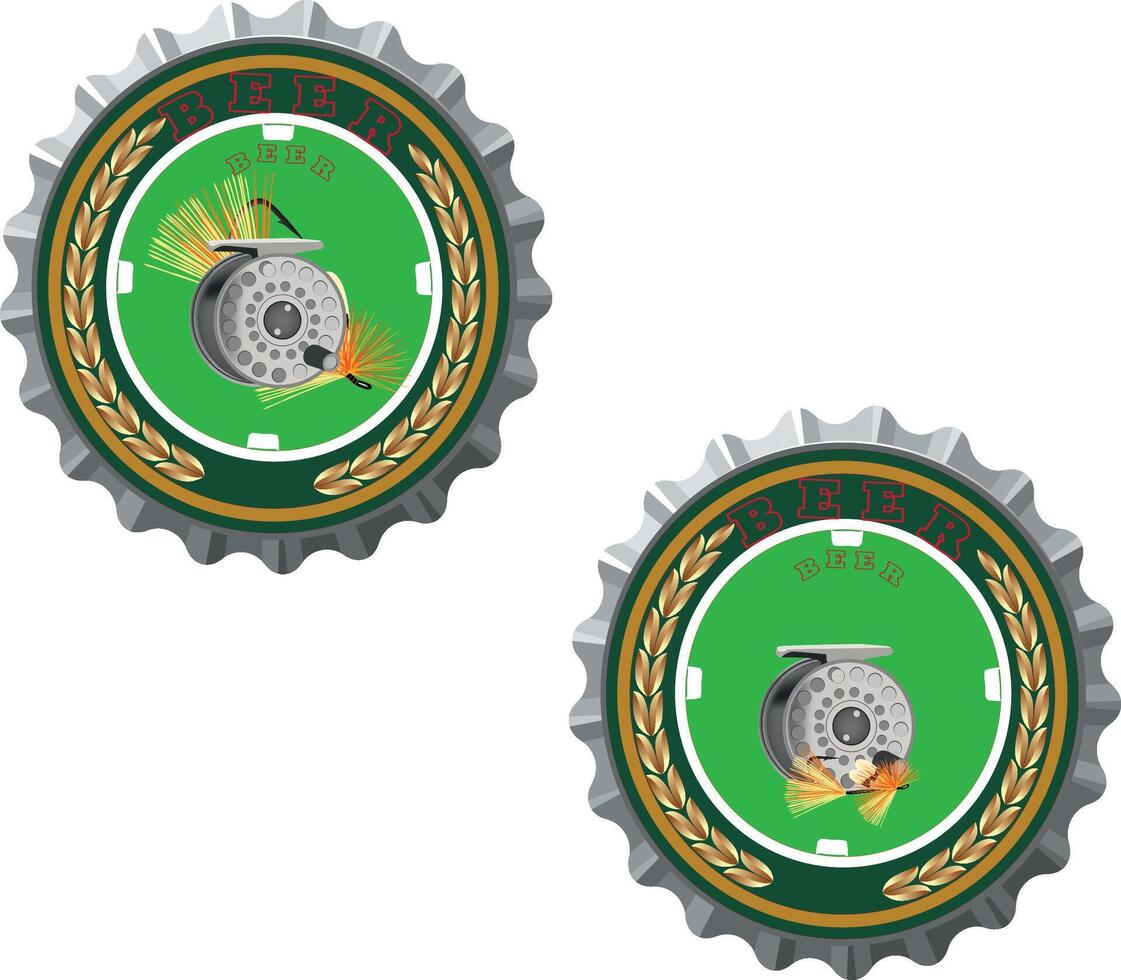 Two bottle caps showing fly fishing reel and green background vector