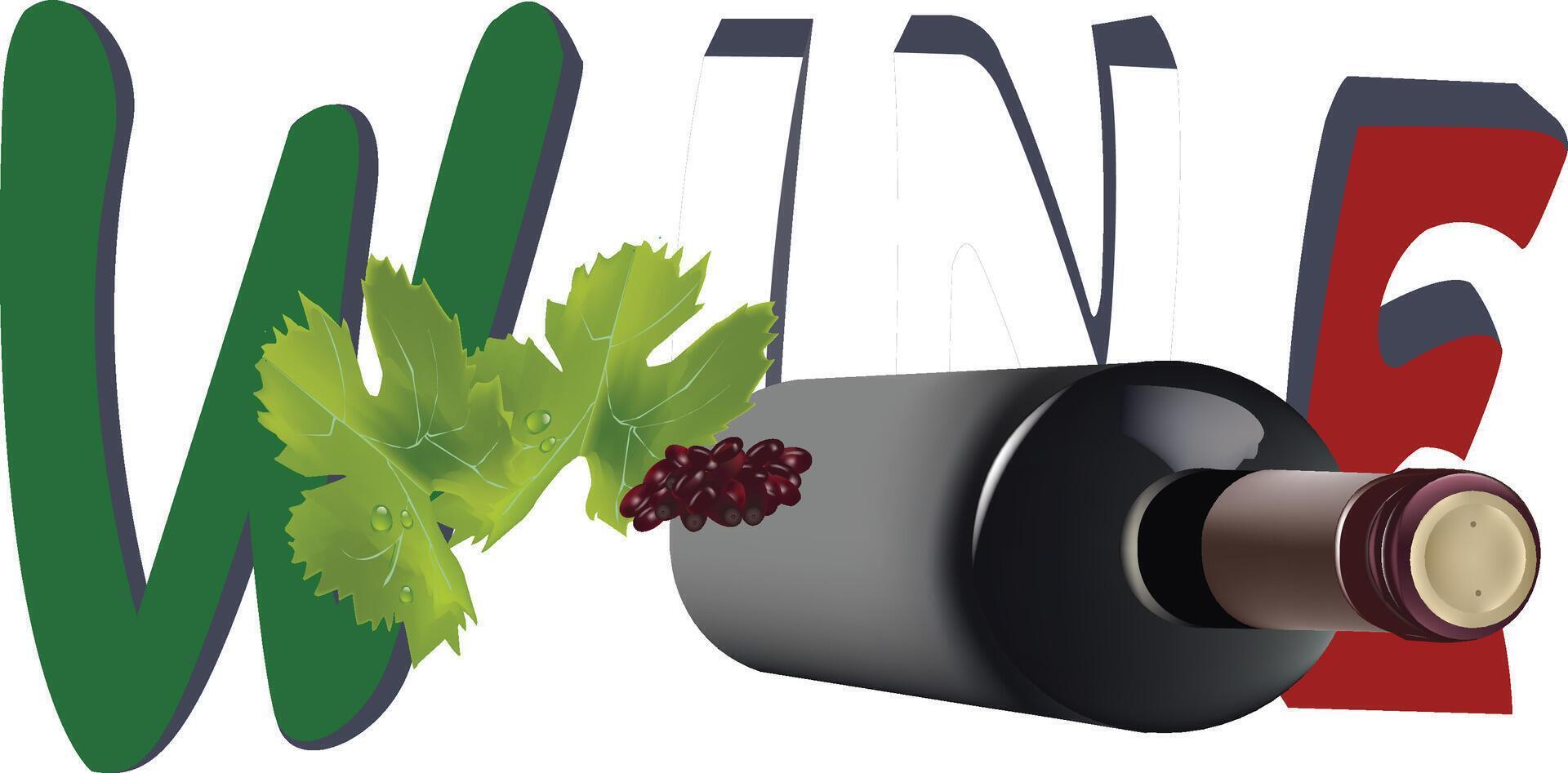 Wine bottle lying down with grapes and leaf over wine text graphic vector
