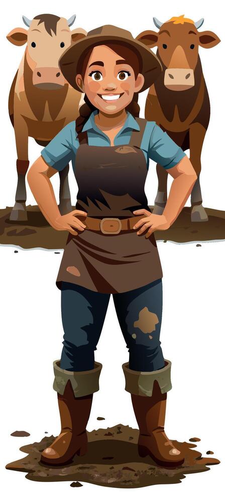 Proud female farmer standing with her cows in the mud vector