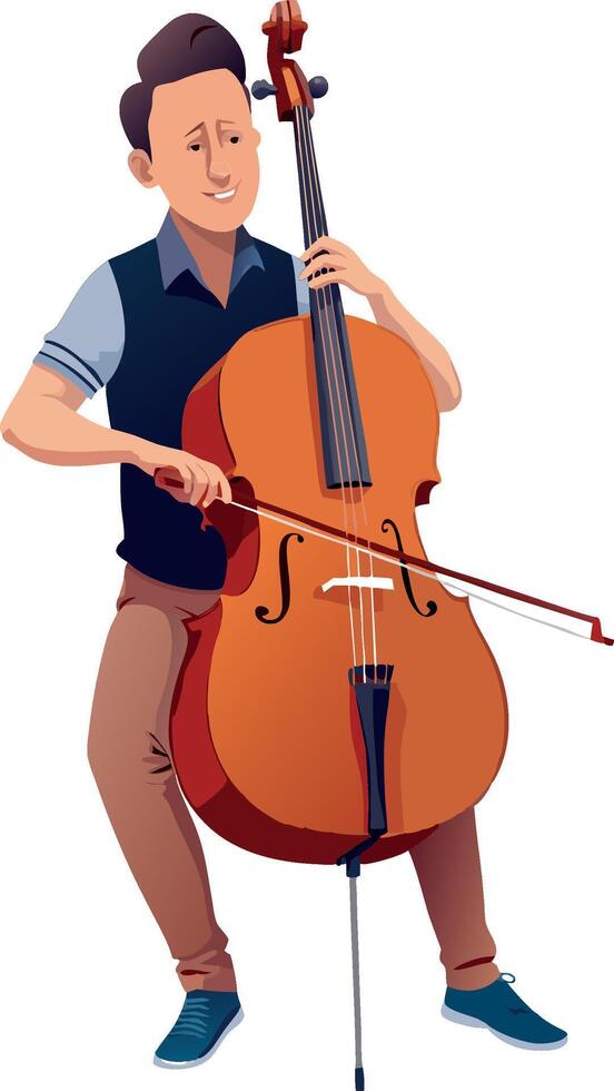 Young musician playing cello with bow on white background vector