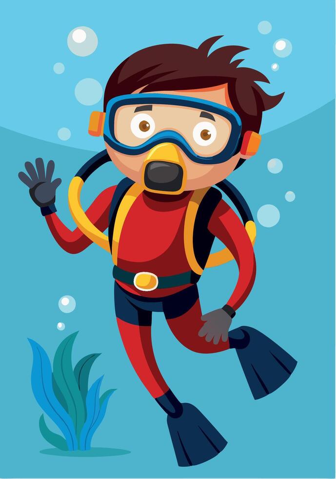 Young boy exploring underwater wearing scuba gear waving vector