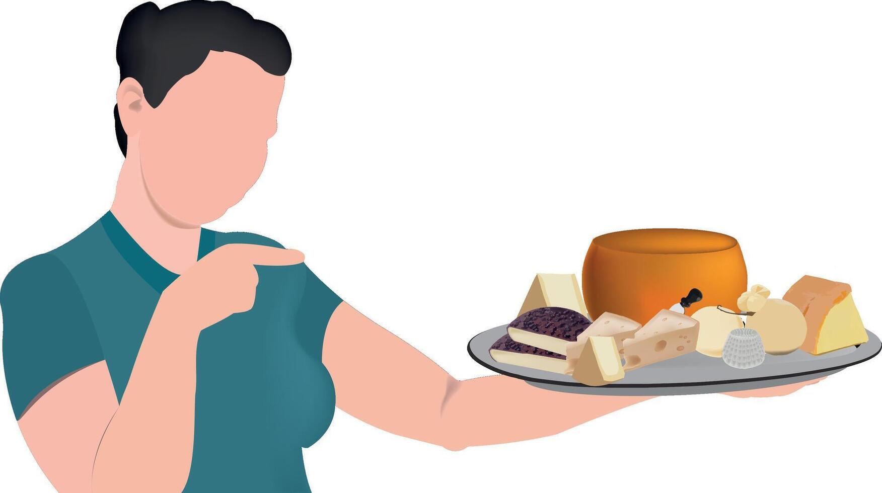 Woman holding a tray and pointing at a cheese selection vector
