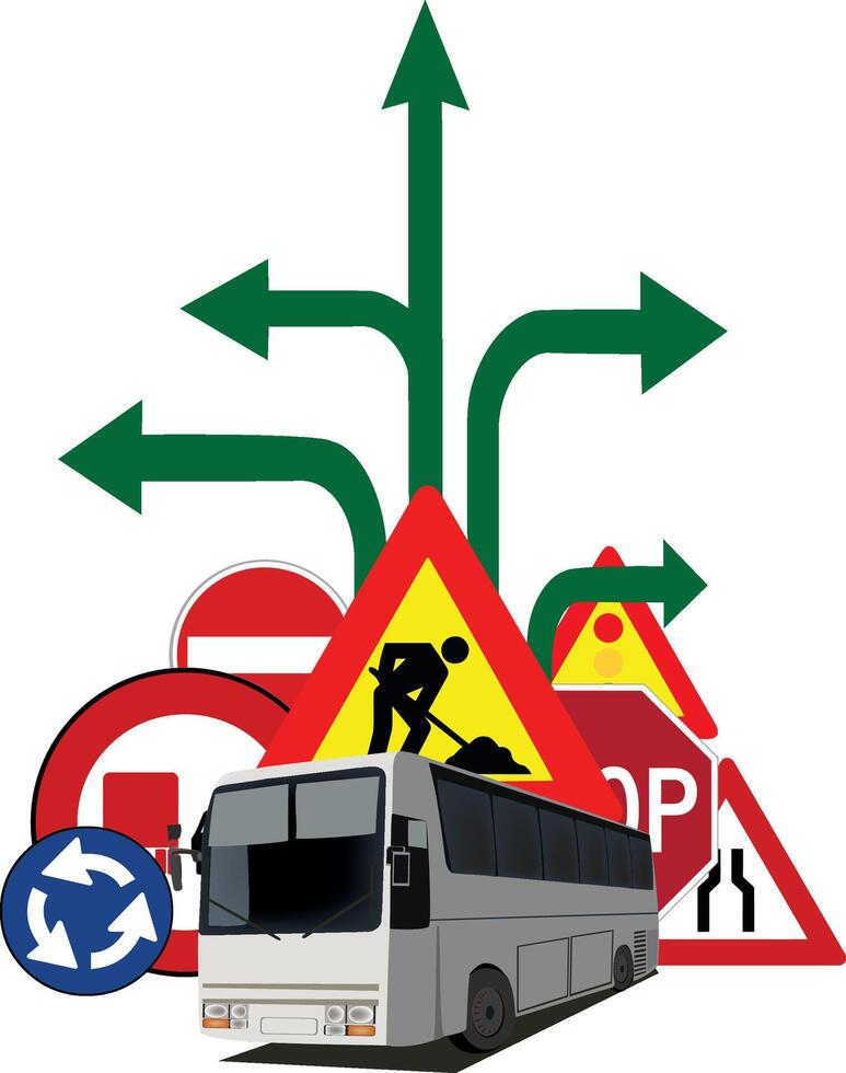 Coach bus facing multiple road signs and arrows representing travel choices vector