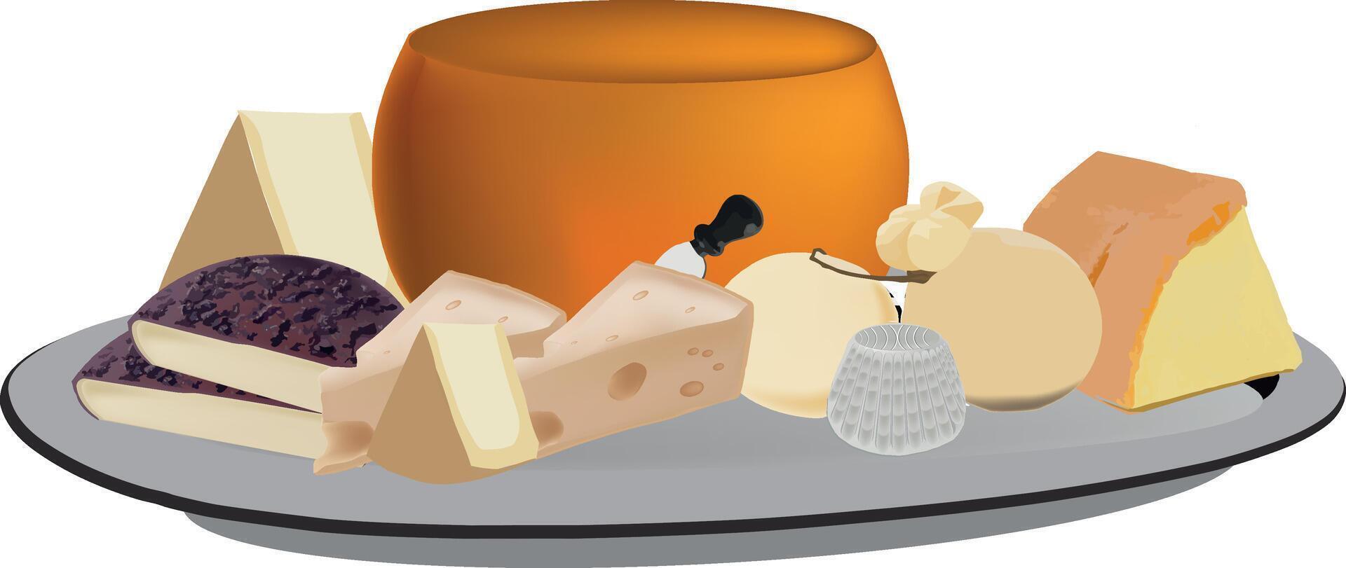Different kinds of cheese lying on plate with knife standing in one piece vector