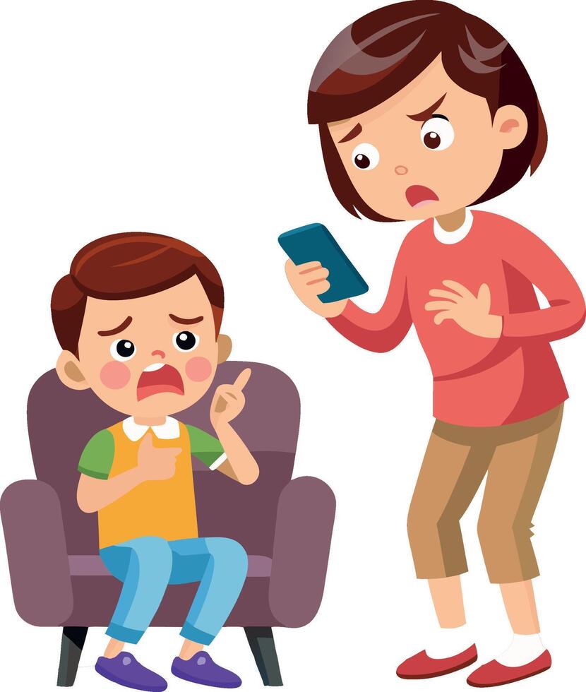 Mother ignoring crying son while using smartphone vector