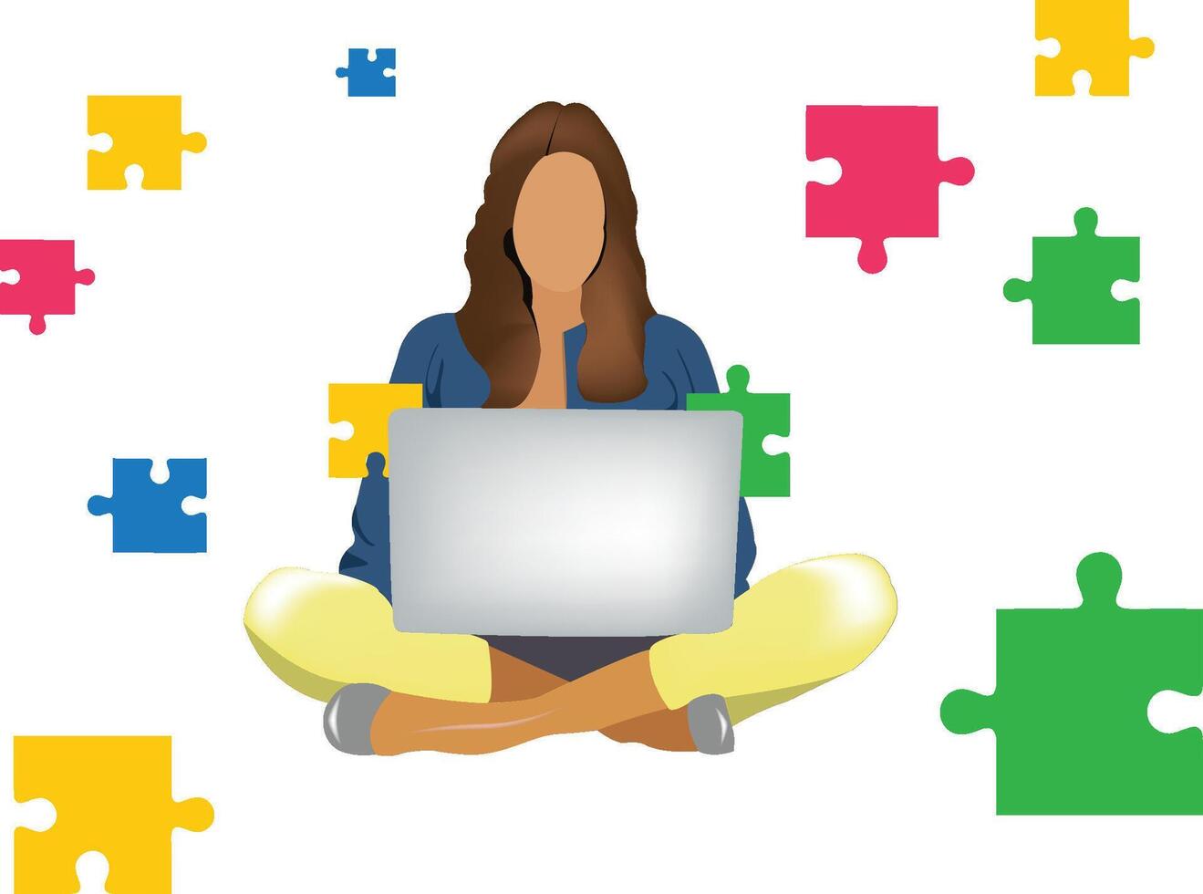Young woman working on laptop surrounded by puzzle pieces vector