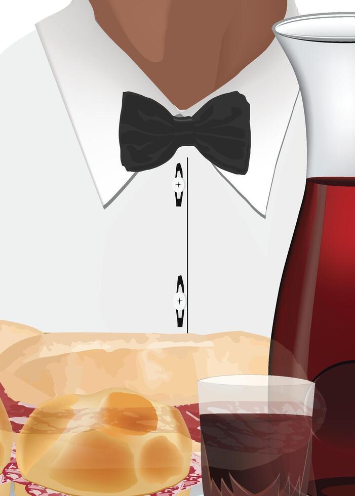 Waiter serving wine and food wearing a bow tie vector