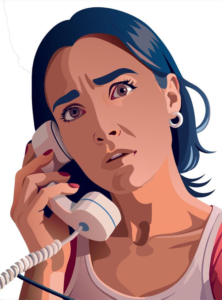 Shocked woman receiving bad news on phone call vector