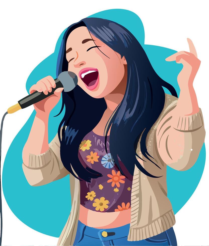 Young woman holding microphone singing with passionate expression vector