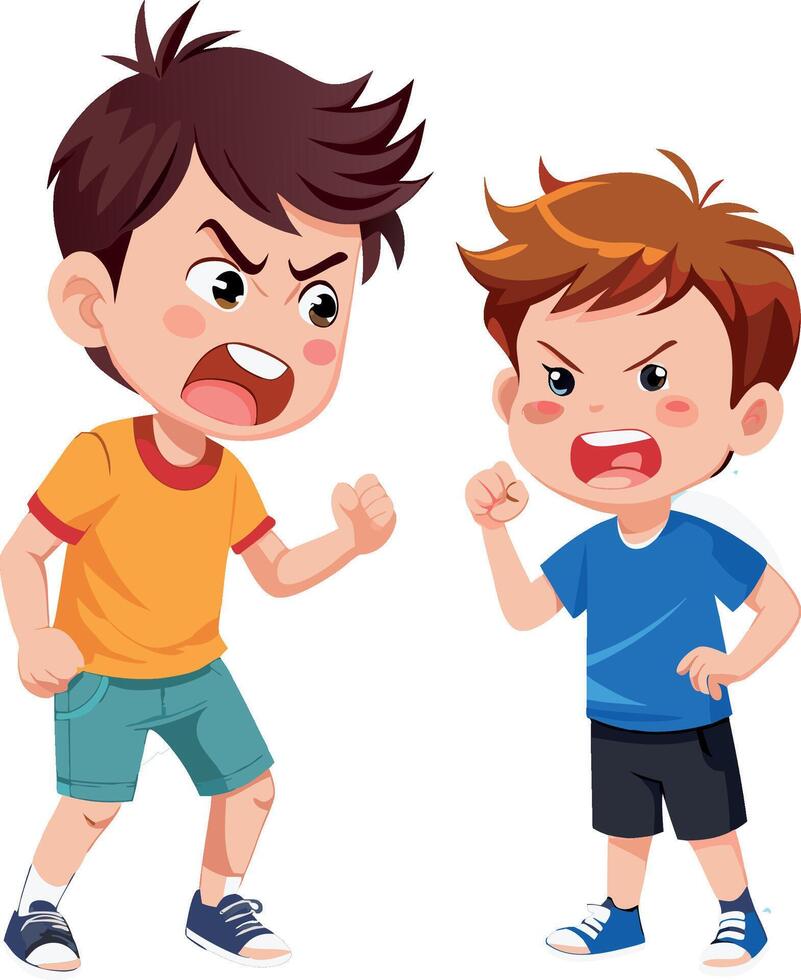 Two angry boys shouting at each other with clenched fists vector