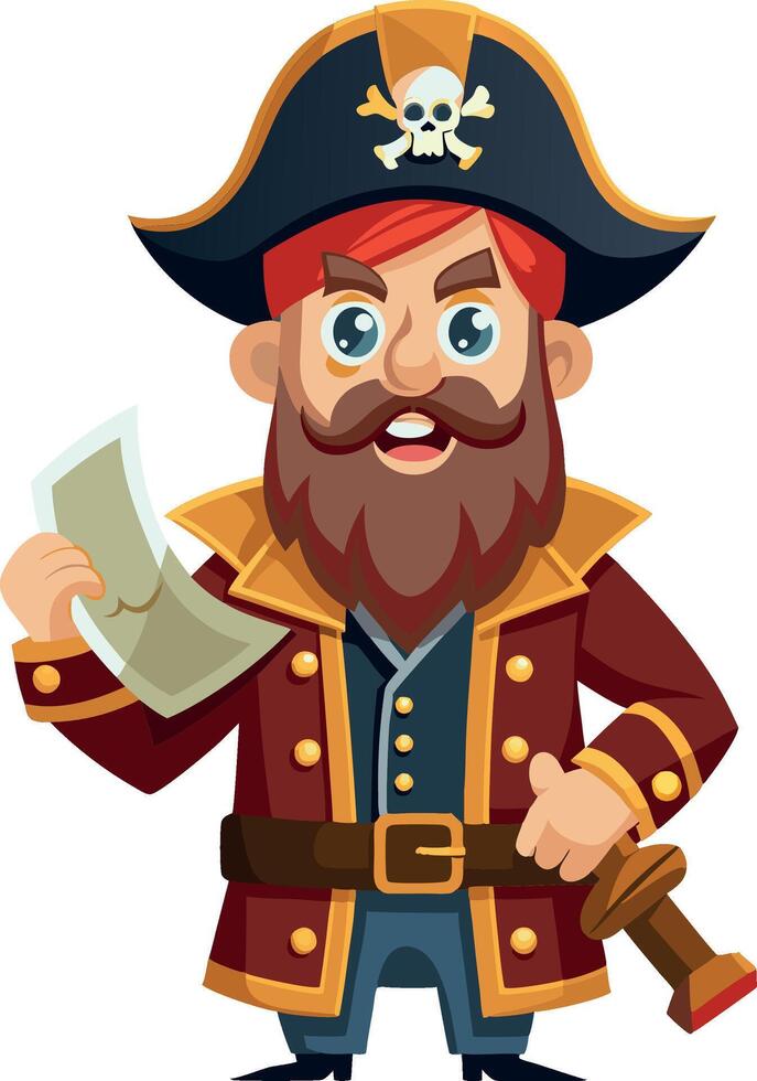 Cartoon pirate holding a treasure map and a sword vector
