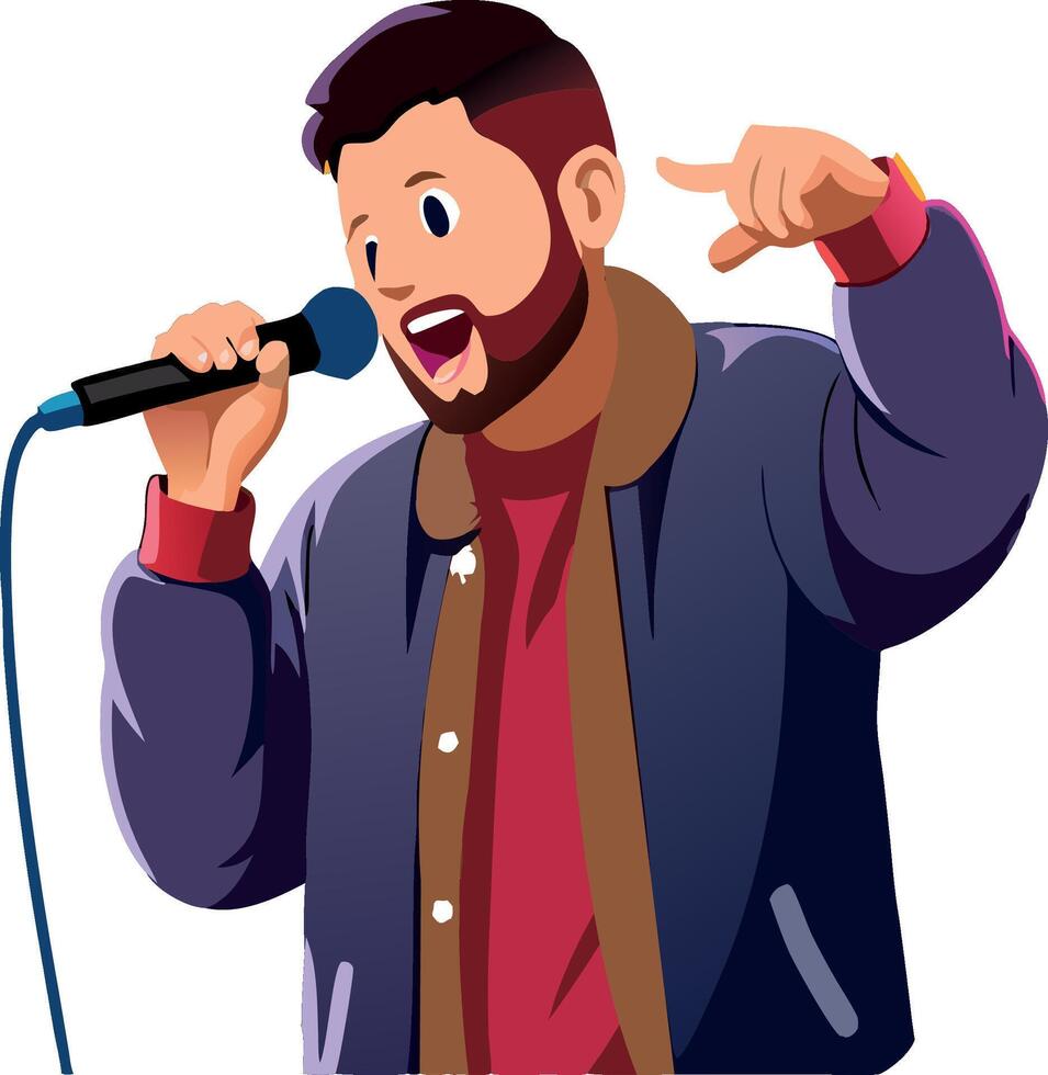 Young man singing with a microphone and gesturing with his hand vector