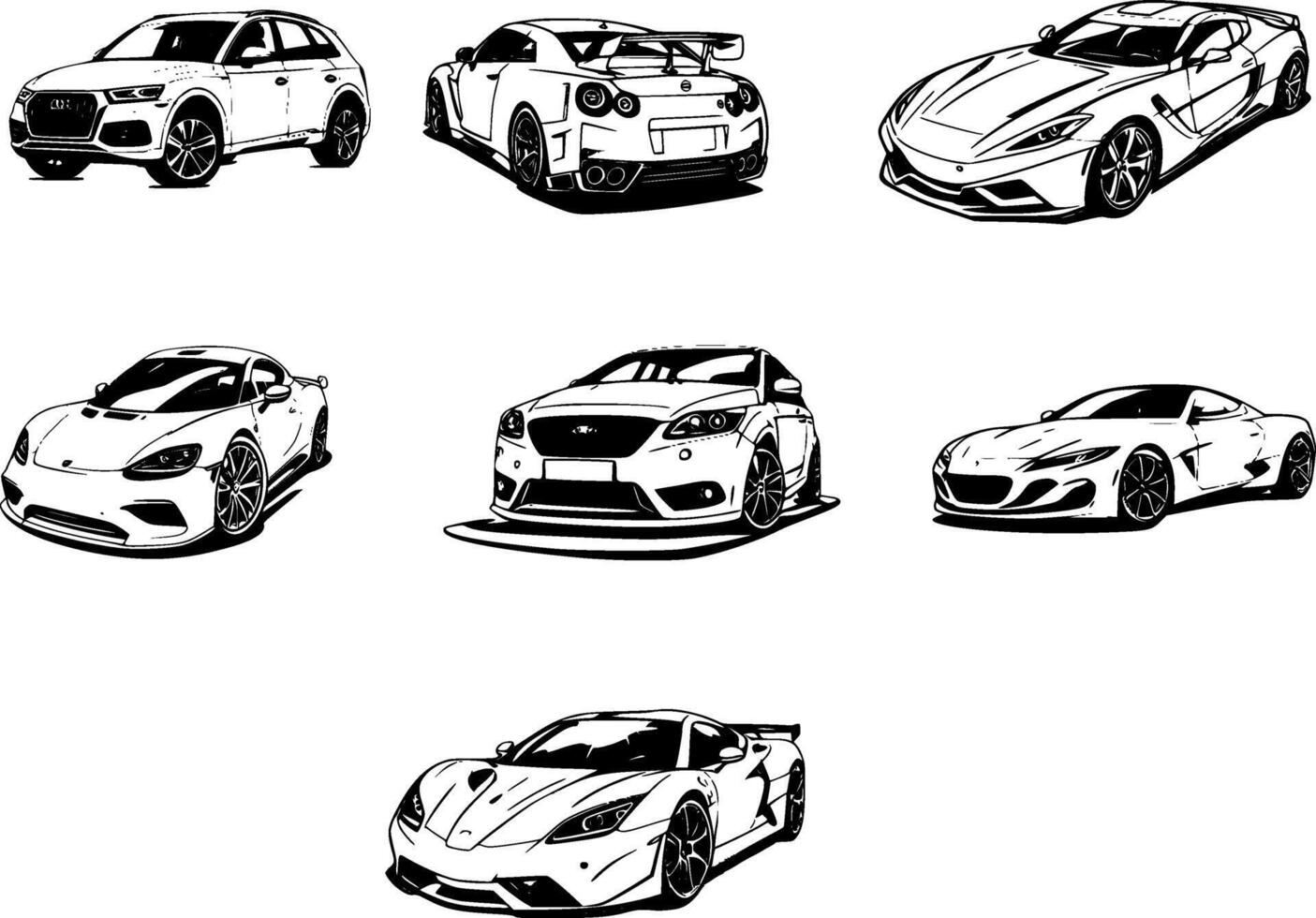 Set of seven cars are presenting modern automobile design in black and white illustration vector