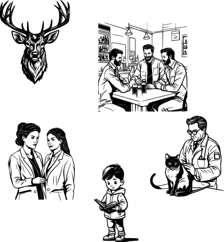 People spending time drinking, reading, and caring for animals illustration vector
