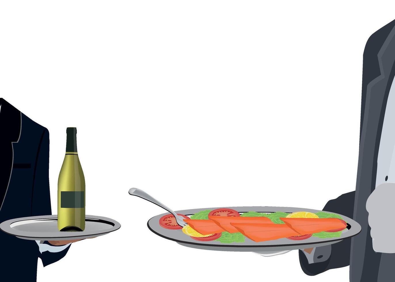 Waiters holding trays with wine bottle and salmon dish vector