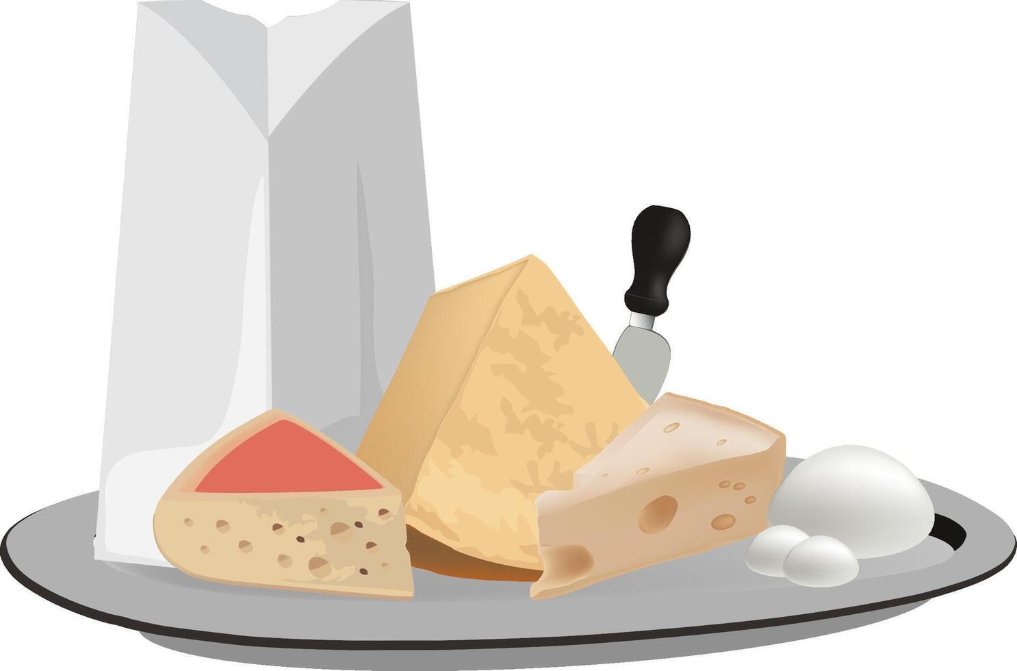 Different types of cheese lying on metal platter with knife vector