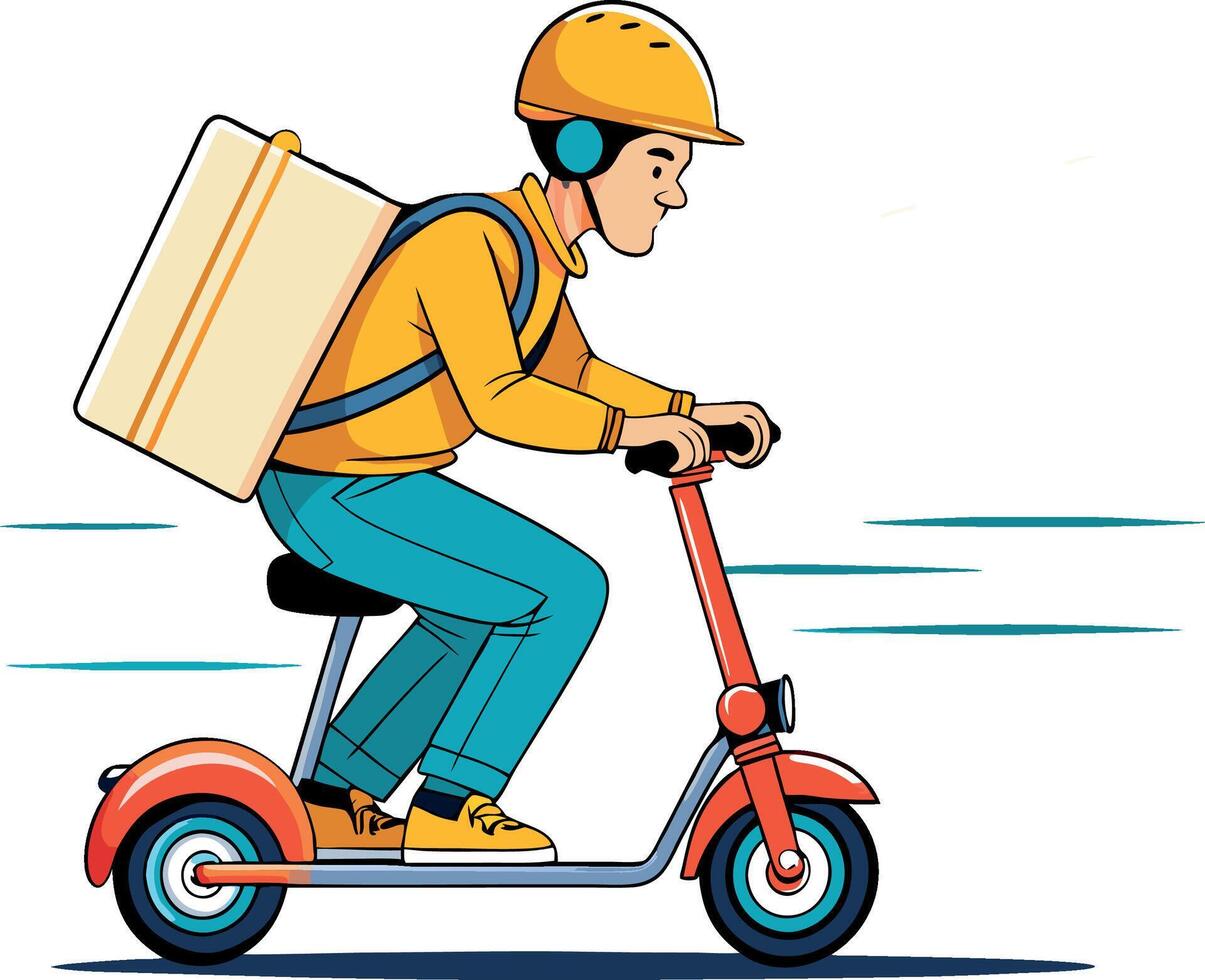 Delivery man wearing helmet is riding an electric scooter and delivering food using thermal backpack vector