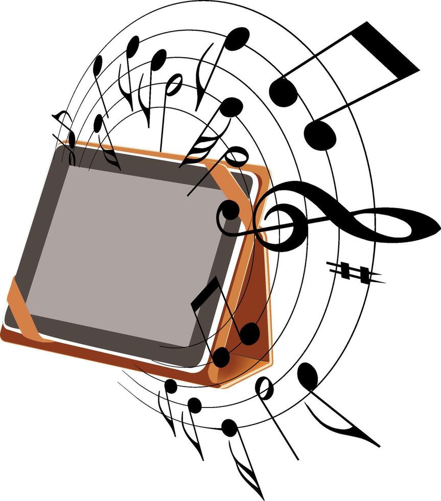 Digital tablet playing music with musical notes surrounding it vector