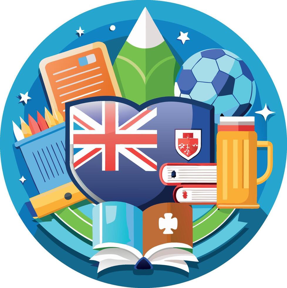 Australian education and culture concept featuring national flag and school supplies vector