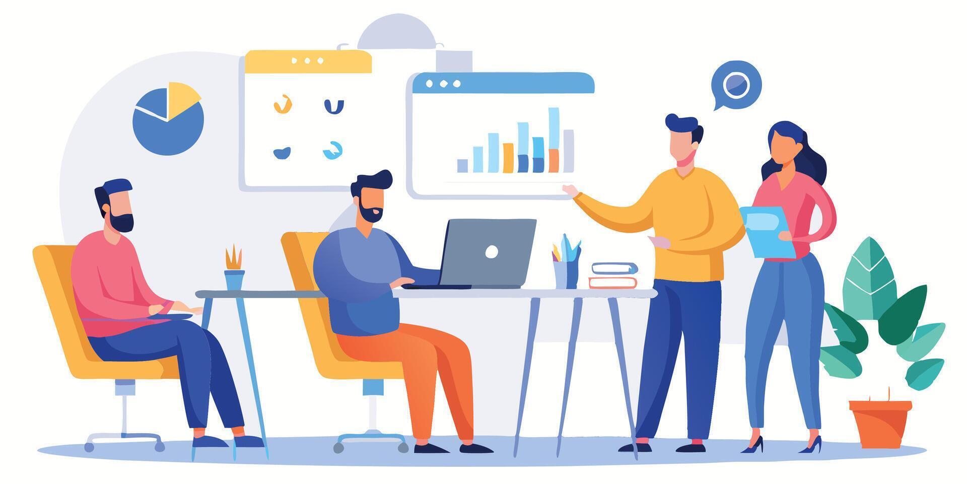 Business team working together analyzing financial statistics displayed on a desktop computer screen vector