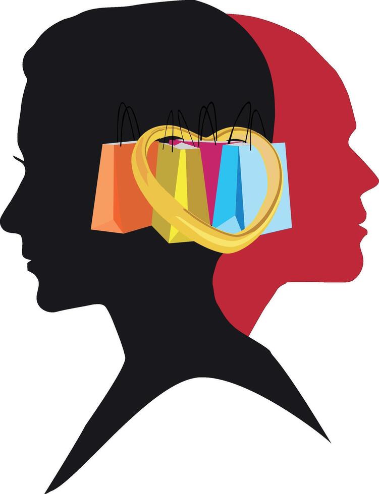 Woman profile thinking about shopping with heart shaped golden ring vector