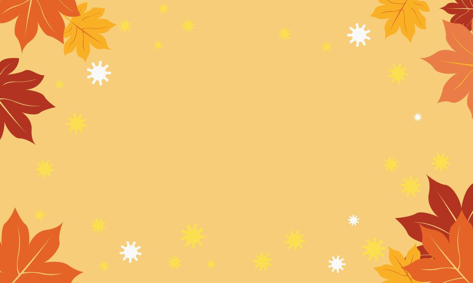 Autumn-themed background with colorful leaves framing a blank center. Red, orange, and yellow leaves are scattered with white and yellow accents on a warm beige backdrop. vector