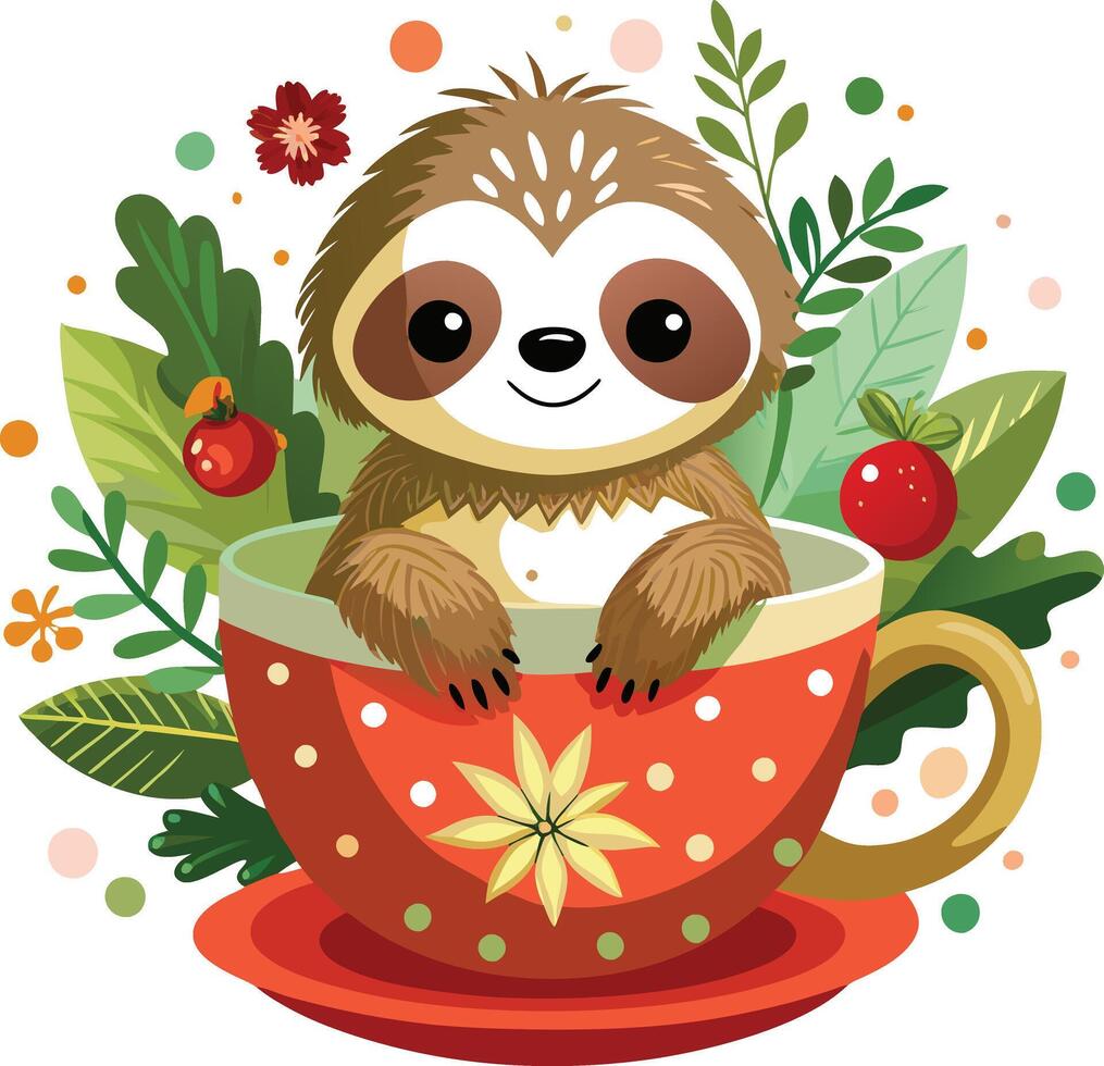 sloth with christmas hat sitting in the cup vector
