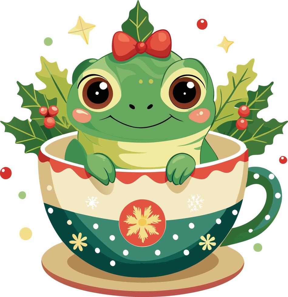 frog with christmas hat sitting in the cup vector