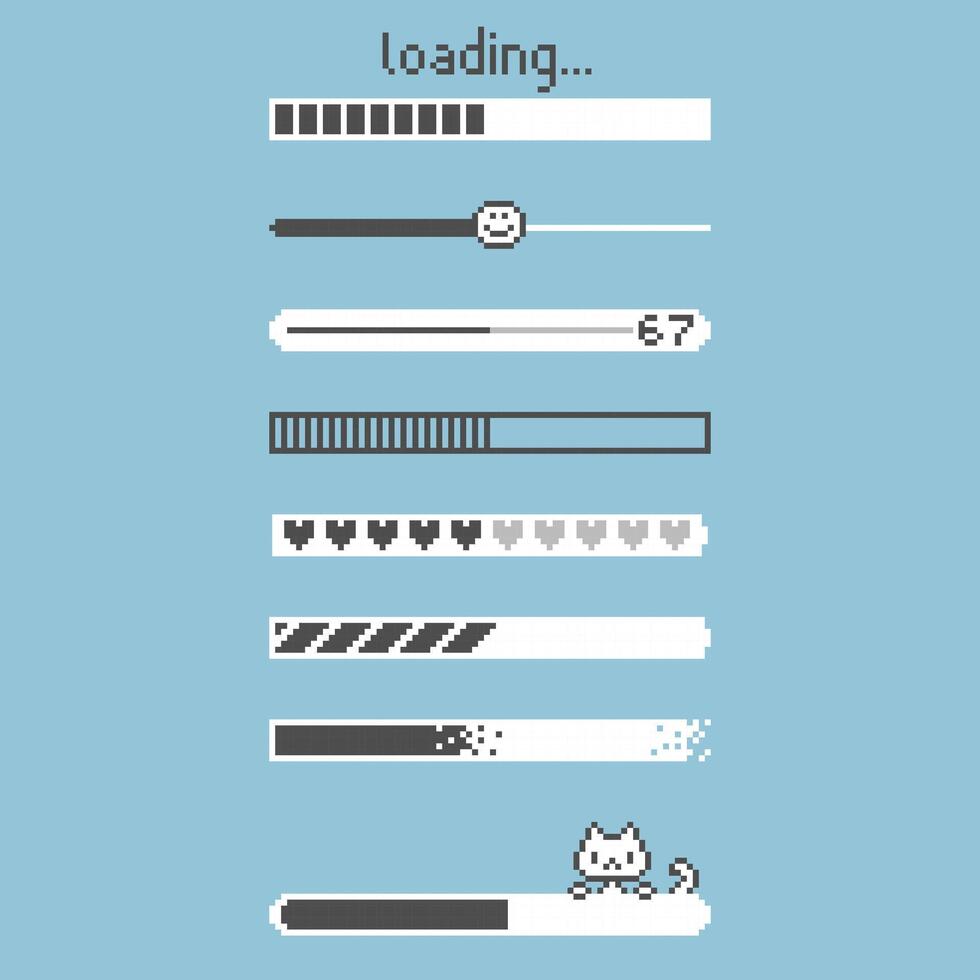 collection set of retro game 8bit pixel art loading process progress counter bar vector