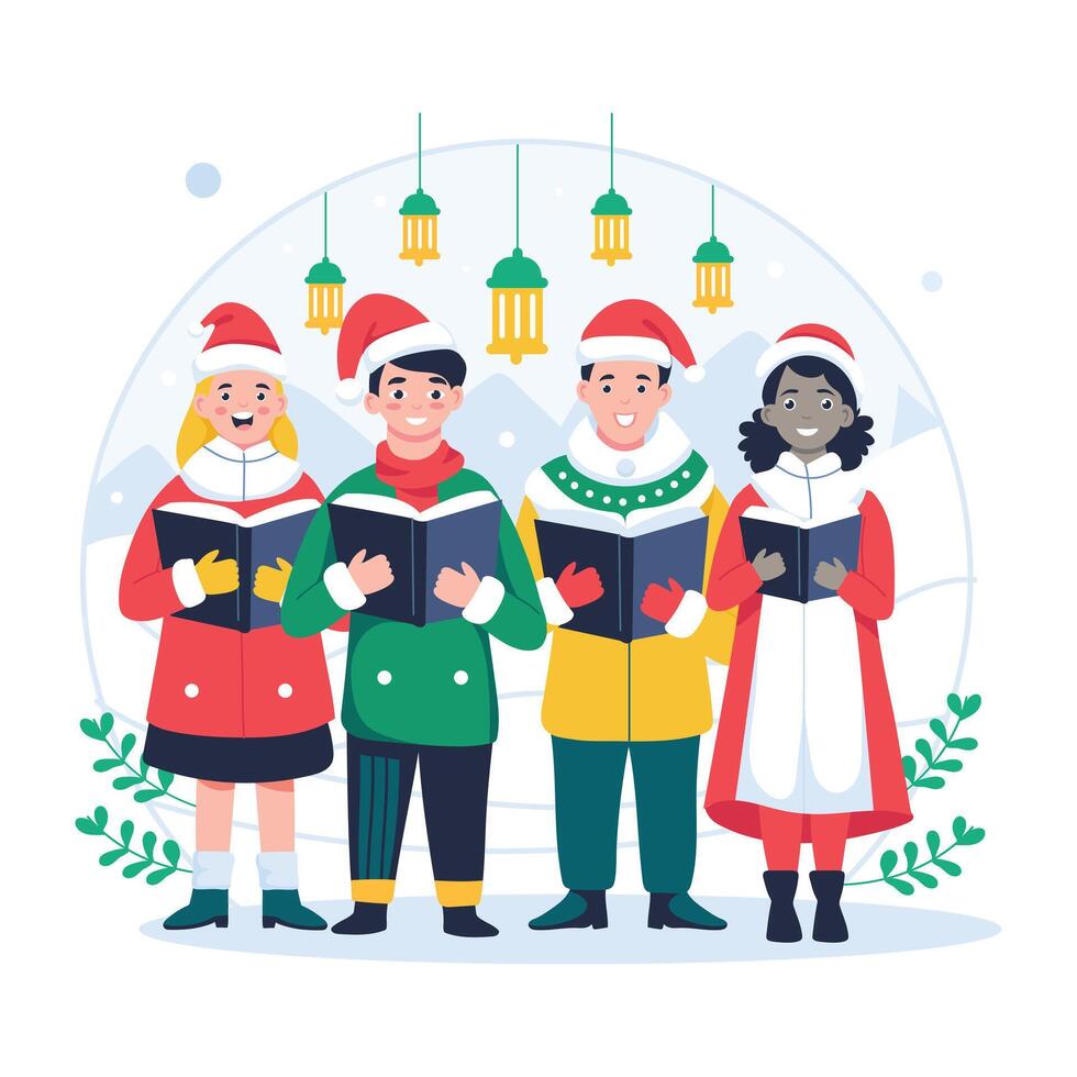 A flat character illustration showing people singing christmas song vector