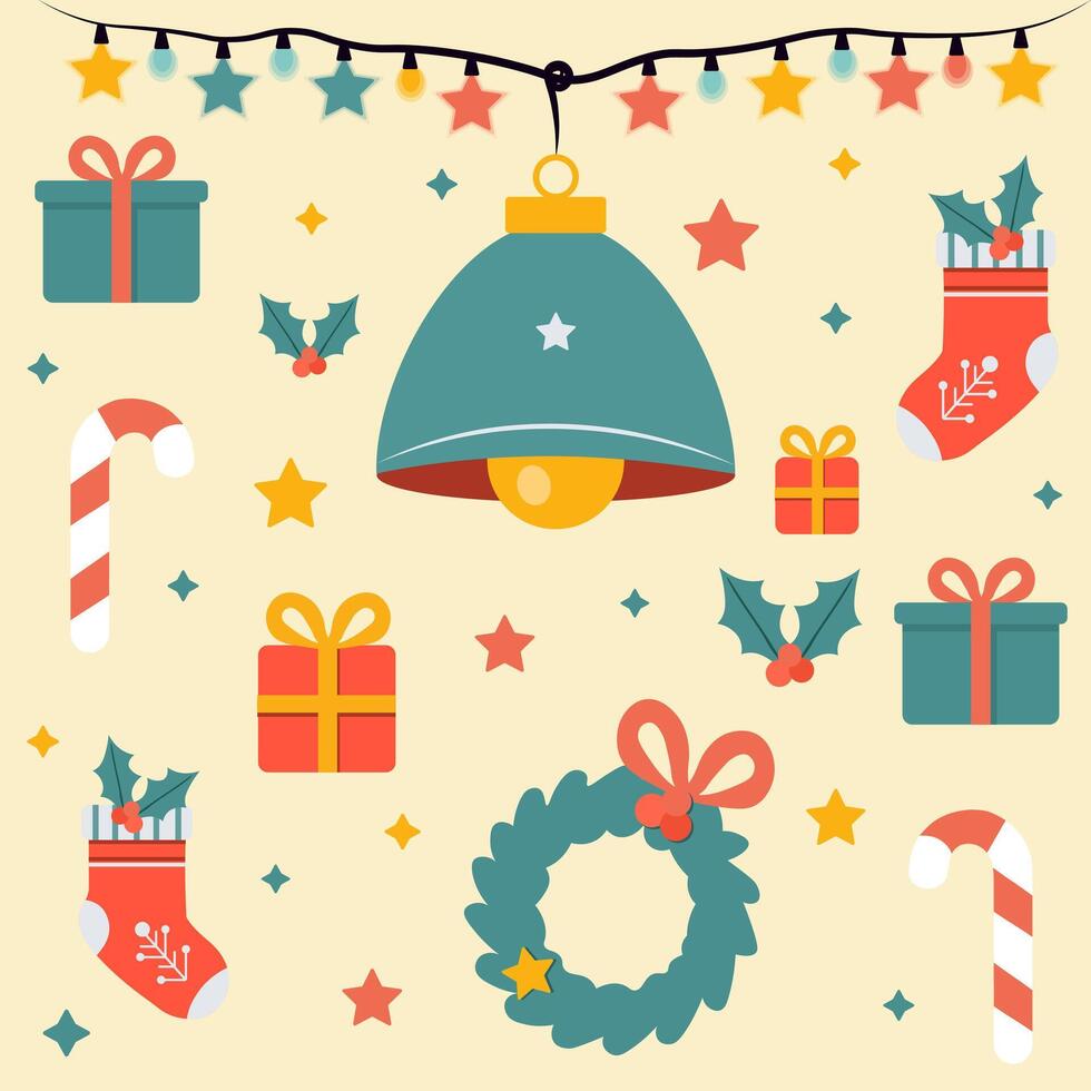 New Year s Eve set with gift boxes, garland and Christmas wreaths. New Year attributes on yellow background vector