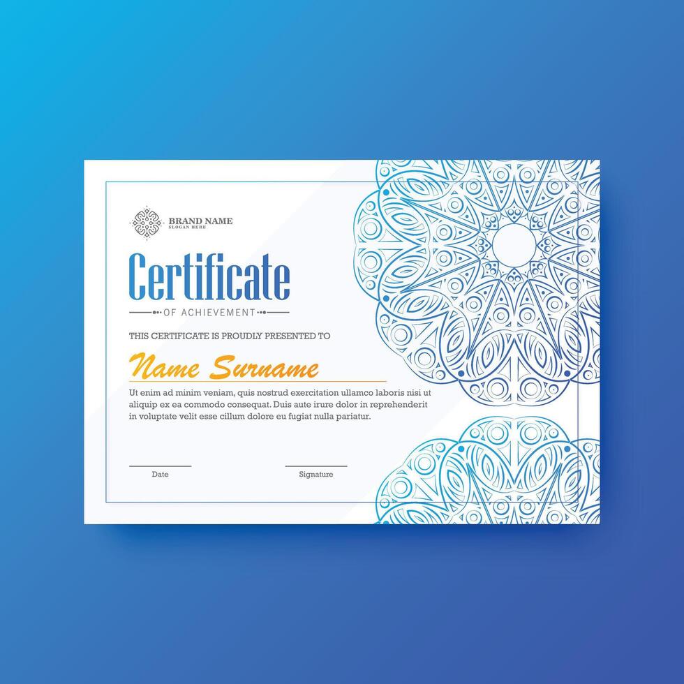 Gradient Blue mandala award certificate template vector