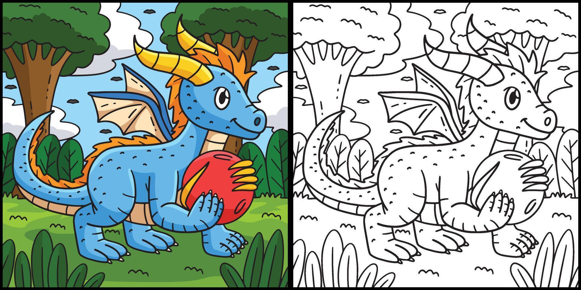 Dragon with Orb Coloring Page Colored Illustration vector