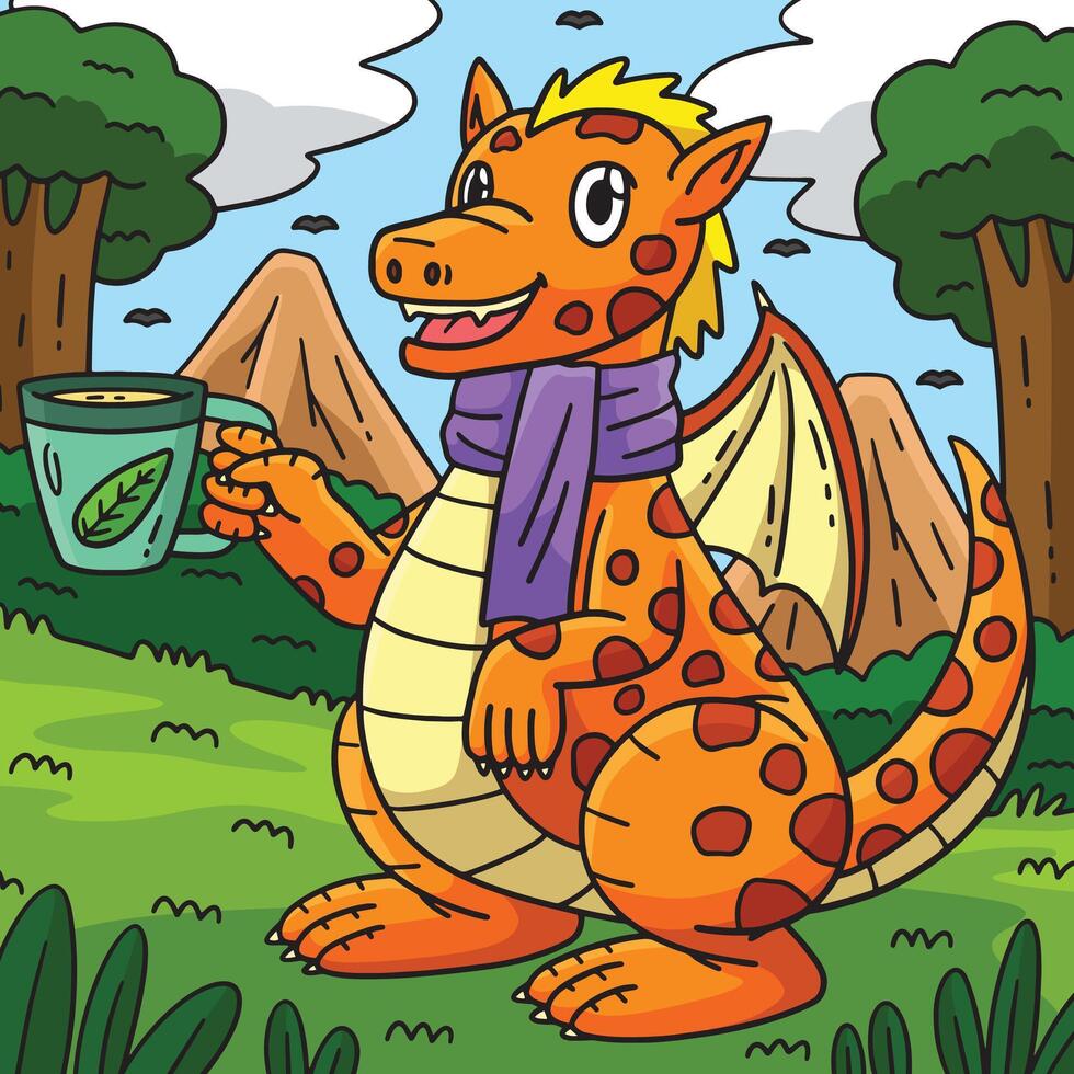 Dragon with Tea Colored Cartoon Illustration vector